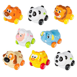 PlayWorld Cartoon Animals Friction Push And Go Toy Cars Play Set - Set of 8 Panda, Cat, Elephant, Dog, Lion, Tiger and Sheep - Multicolor