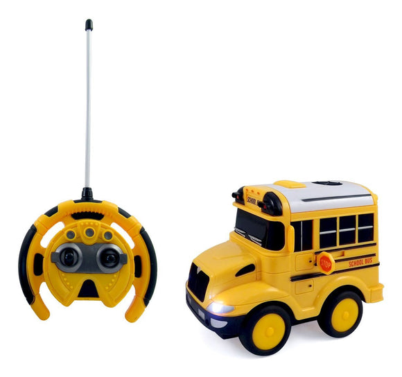 powertrc r/c school bus radio control toy car for kids with steering wheel remote, lights, and sounds